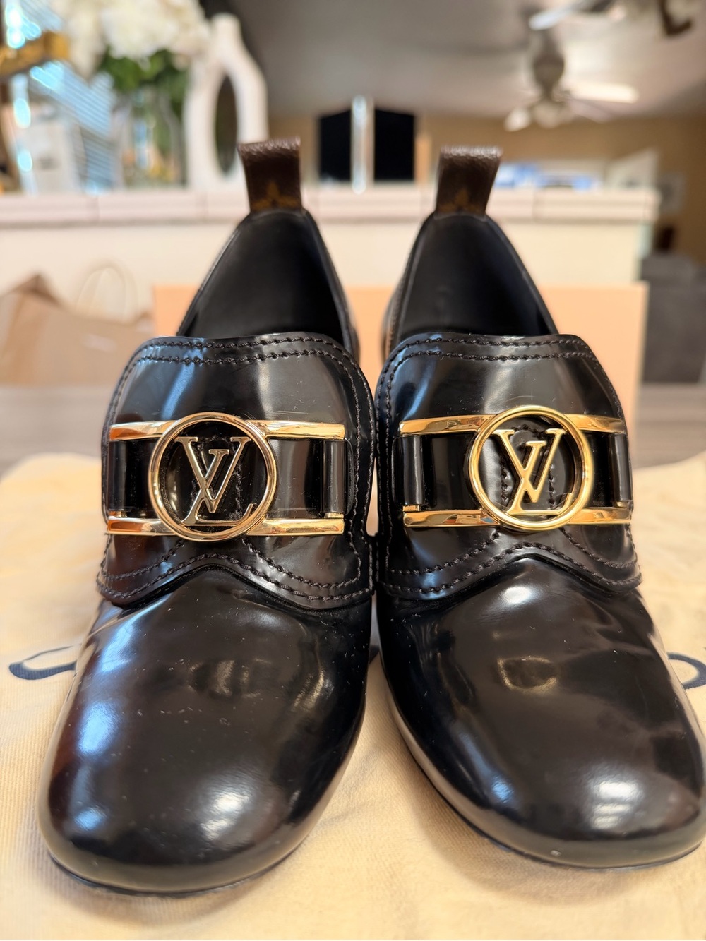 Louis Vuitton Black Patent Leather Heeled Loafers with Gold LV Hardware - Picture 9 of 14